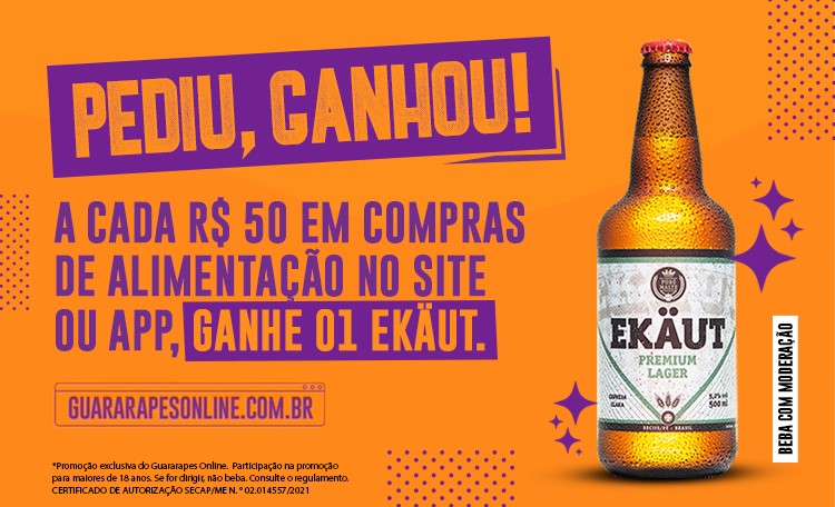Pediu, ganhou! A cada R$50 em pedidos de alimentação, você leva de brinde uma cerveja Ekäut Premium.